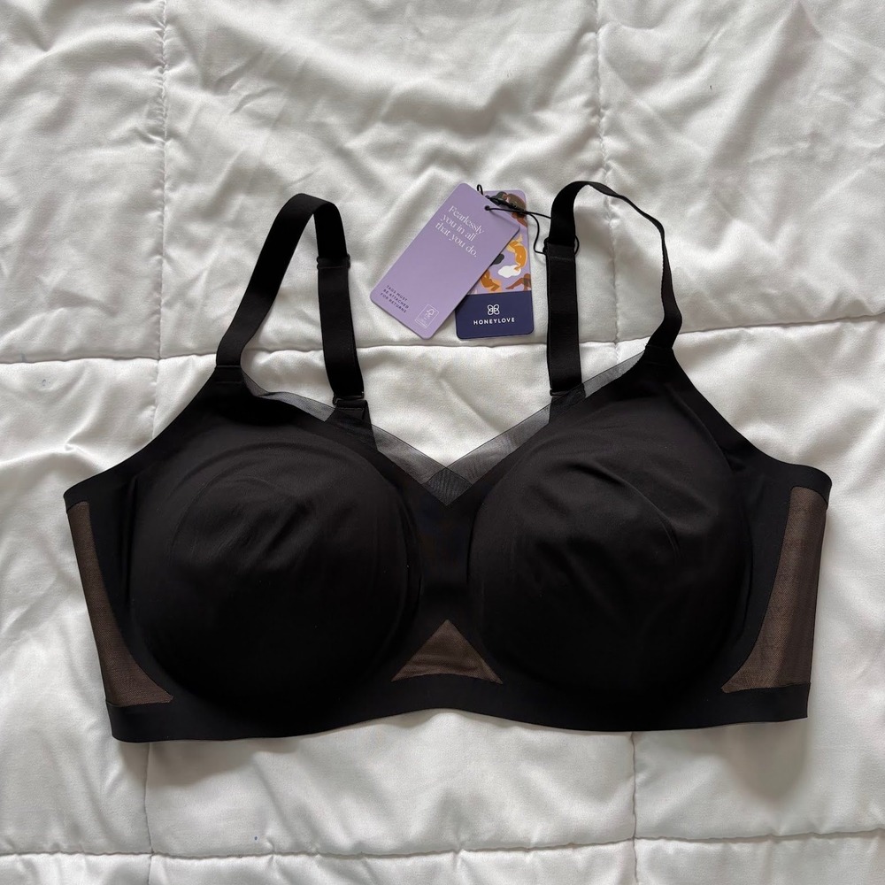 NWT Honeylove Crossover Bra Black Wireless Mesh Support 44C/D Luxury